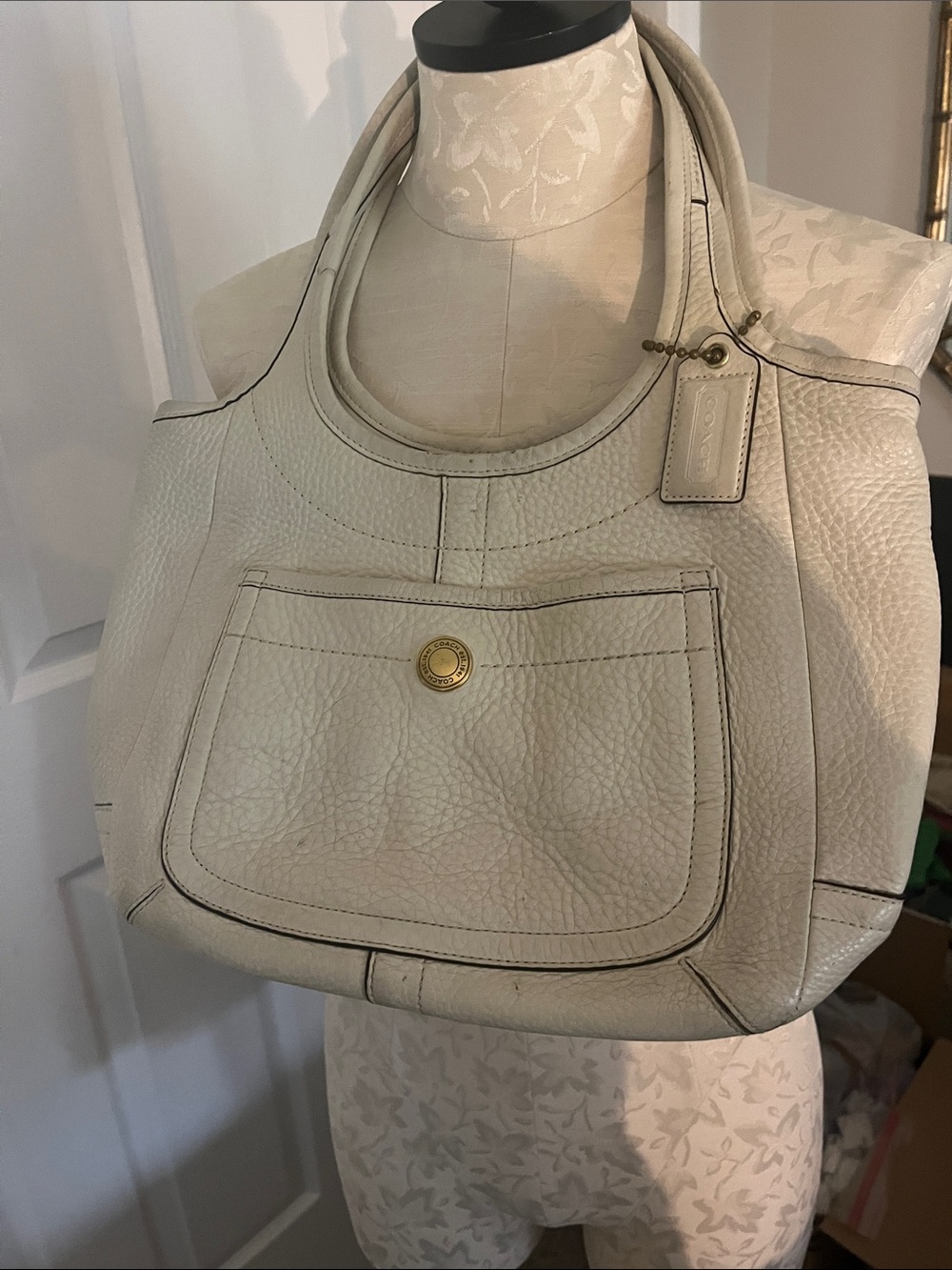 Coach Cream Pebbled Leather Shoulder Bag with Gold-Tone Hardware